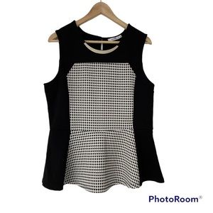 RICKIS BLACK AND WHITE CHECK COLOUR BLOCKED SLEEVELESS PEPLUM TOP/BLOUSE, LARGE
